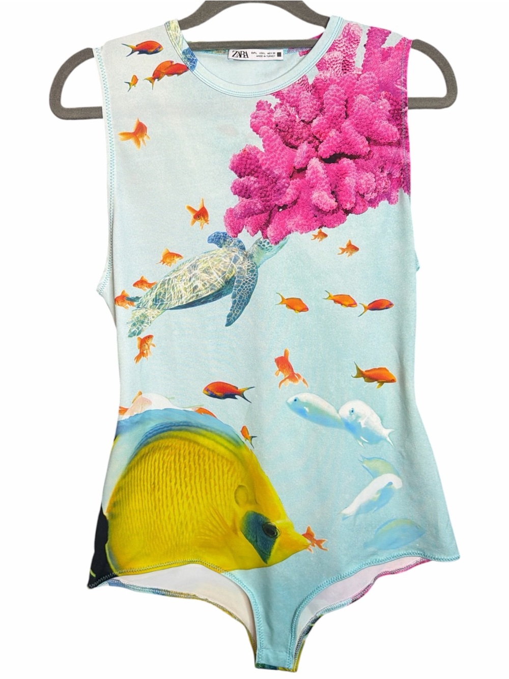 Zara Seascape Printed Sleeveless Bodysuit Size L Undersea Fish Turtle -like new